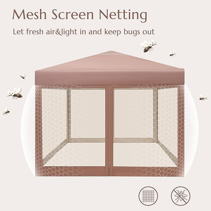 PHI VILLA 10' x 10' Pop Up Canopy Tent with Netting, Instant Gazebo, Ez up Screen House Room with Carry Bag, Height Adjustable, for Outdoor, Garden, Patio