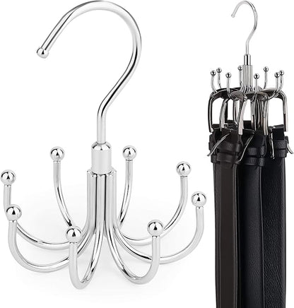 ZEDODIER 4 Pack Belt Organizer for Closet, Heavy-Duty Rotating Belt Hanger Rack Holds Multiple Belts, Hanging Space Saving Metal Belt Holder for Closet Storage, Silver