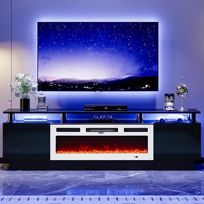 70" TV Stand for Living Room, Modern Entertainment Center & Media Console, Fits TVs up to 80", Storage Cabinet with Shelves, 36" Electric Fireplace with LED Flame