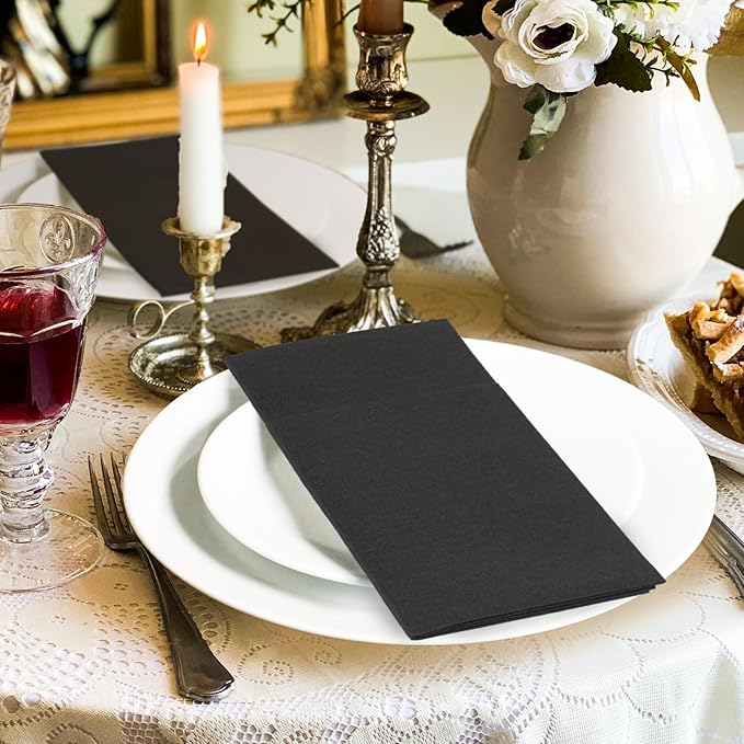 KAMMAK Dinner Napkins Disposable Dark Gray Cloth Like Paper Napkins with Pocket 100 Pack Folded Wedding Reception Napkins Bathroom Guest Hand Towels for Party, Kitchen, Restaurants (16.5 x 16.5 inch)