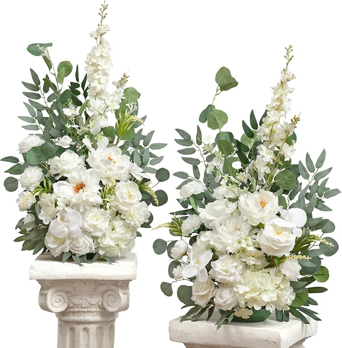 TINGE TIME Free-Standing Artificial Flower Set of 2, Table Centerpiece with Rubber Pad, Silk Fake Flower for Wedding Centerpiece Archway Aisle Welcome Entrance (IvoryWhite)