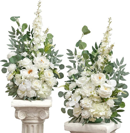 TINGE TIME Free-Standing Artificial Flower Set of 2, Table Centerpiece with Rubber Pad, Silk Fake Flower for Wedding Centerpiece Archway Aisle Welcome Entrance (IvoryWhite)