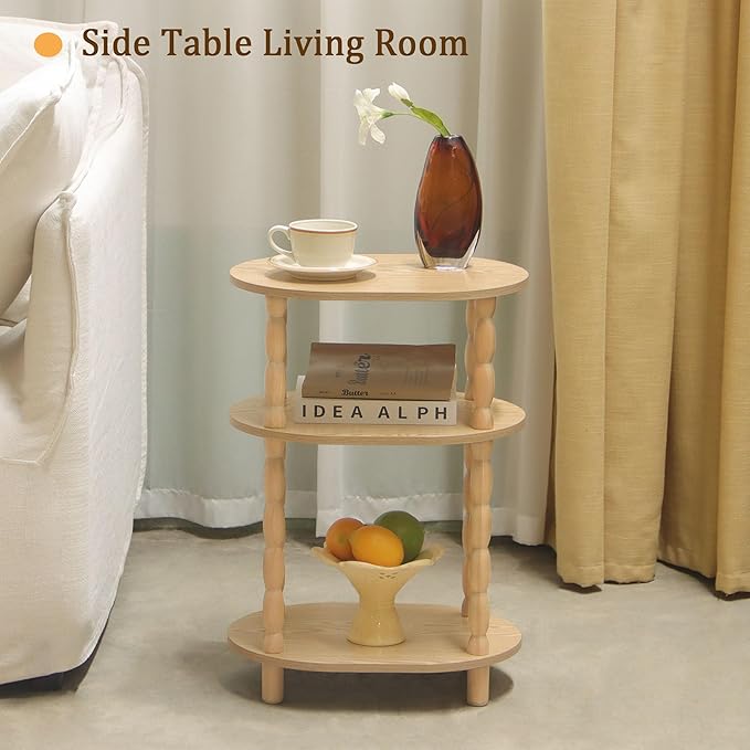MaxSmeo End Table with Charging Station, Small Oval Side Table for Small Spaces, Modern Accent Table Night Stand with Charging Station for Living Room, Bedroom, Natural