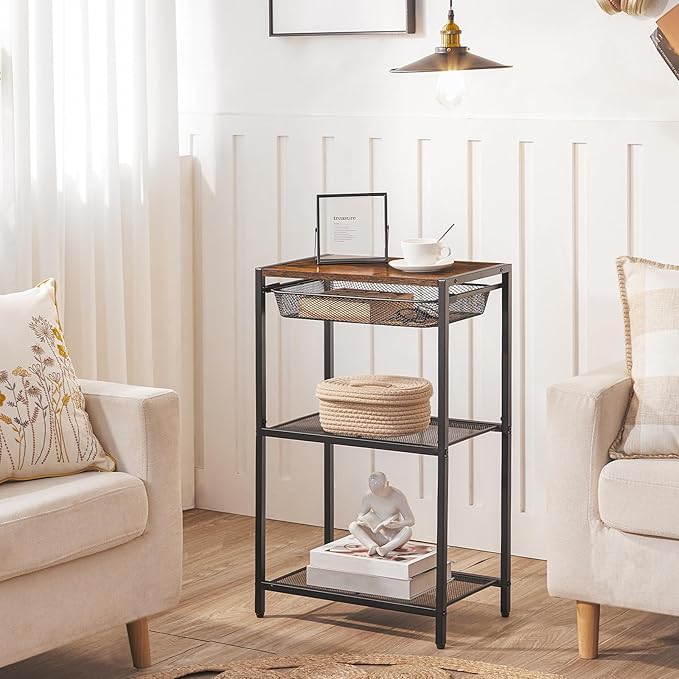 HOOBRO 28.7 Inch Tall Side Table, 3-Tier Industrial Telephone End Table with Adjustable Metal Mesh Basket, Desk Side Table with Storage Shelves, for Living Room, Bedroom, Rustic Brown BF06DH01
