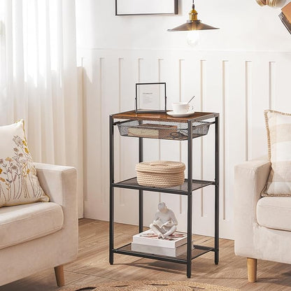 HOOBRO 28.7 Inch Tall Side Table, 3-Tier Industrial Telephone End Table with Adjustable Metal Mesh Basket, Desk Side Table with Storage Shelves, for Living Room, Bedroom, Rustic Brown BF06DH01