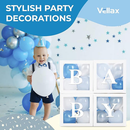 Baby Shower Boxes with Letters – White Boxes with Blue, Silver & White Balloons – 44-Piece Gender Reveal & Party Decoration Set by Vellax