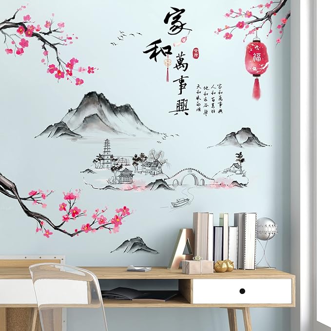Removable 3D Chinese Style Landscape Mountain Water Wall Decals Chinese Characters Family and Peace with Plum Flower Tree Branches Wall Sticker Murals for Bedroom Sofa Background Decor