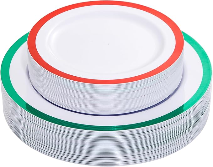 I00000 60PCS Christmas Plastic Plates, Red and Green Plastic Plates, Disposable Set Include 30 Green Dinner Plate, 30 Red Dessert Plate, Perfect for Christmas
