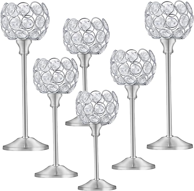 Crystal Candle Holders Set of 3 for Wedding Centerpieces Gold Or Silver Candle Holders Bulk Decorative Tealight Candle Holder for Wedding, Party,Table Centerpieces Decoration (Silver, 2 Sets(6 Pcs))
