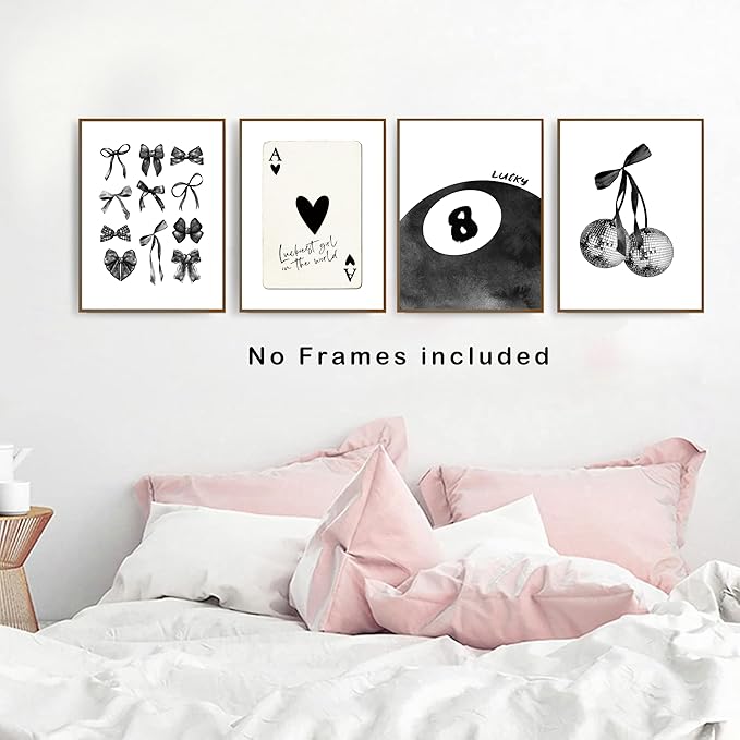 okaxscm Black Coquette Trendy Preppy Wall Art Prints Set of 4, Coquette Room Decor, Preppy Room Decor Aesthetic, Black Bow Disco 8 Ball Cherry Wall Decor Posters for Girls Bedroom Dorm, 12x16 Unframed
