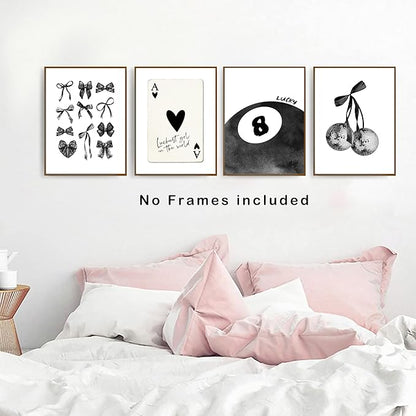 okaxscm Black Coquette Trendy Preppy Wall Art Prints Set of 4, Coquette Room Decor, Preppy Room Decor Aesthetic, Black Bow Disco 8 Ball Cherry Wall Decor Posters for Girls Bedroom Dorm, 12x16 Unframed