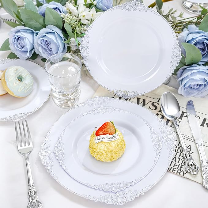 YOUBET 700PCS Silver Plastic Plates - White and Silver Disposable Plates - Silvery Plastic Dinnerware Set - Include 200 Plates, 300 Heavy Duty Silverware, 100 Cups and 100 Napkins for Wedding & Party