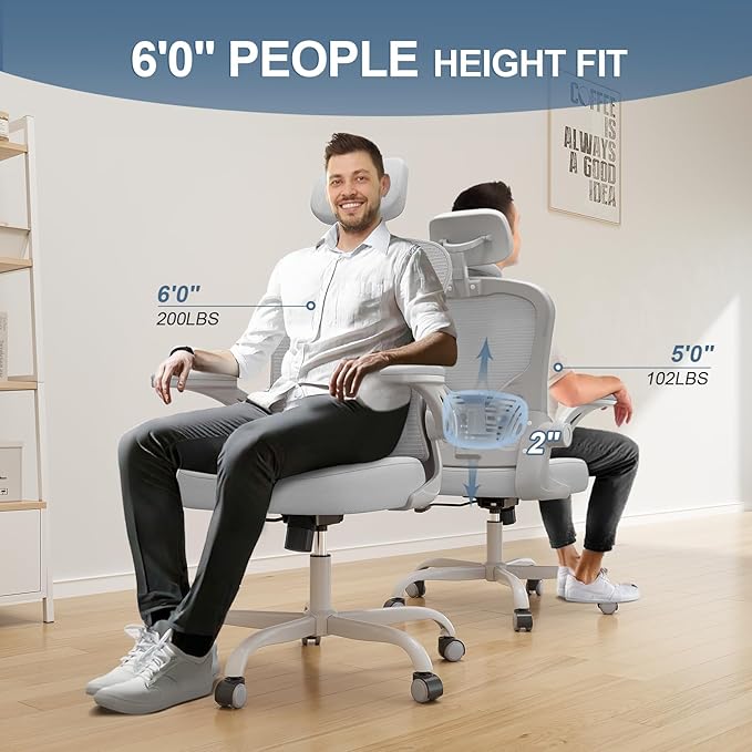 Synorla Office Chair Ergonomic Desk Chair, 330LBS Capacity, High Back Computer Design for Long Hours Comfort, Rolling Swivel Executive Task for Home Office with Flip-up Armrests（Grey）