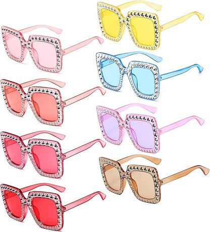 Pibupibu 4/8/16 Pack Colorful Bling Crystal Sunglasses Oversized Square Glitter Rhinestone Sunglasses for Women Party Favors