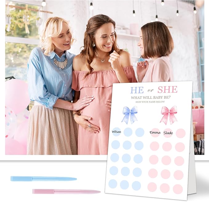 Gender Reveal Party Games, Pink Blue Bow Theme Baby Gender Reveal Voting Board Sign, Boy or Girl Voting with Two Pens, He or She, Baby Gender Reveal Party Decorations Games for Boy or Girl Shower