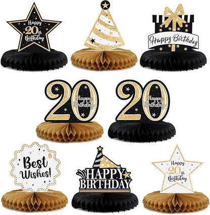 Happy 20th Birthday Decorations,20th Birthday Gold Glitter Shiny Stand Honeycomb Table Centerpieces - Cheers to Twenty Years Old Birthday Party Photoprop Gift Sign.