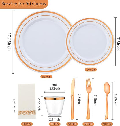 350PCS Rose Gold Plastic Plates for 50 Guests, Rose Gold Disposable Plates for Party Wedding-Dinnerware Set Include 50Dinner&Salad Plates, 50Silverware Set, 50Napkins, 50Cups