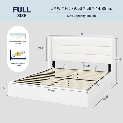 Allewie Full Size Velvet Lift Up Storage Bed, Modern Wingback Headboard, Hydraulic Support, No Box Spring Needed, White