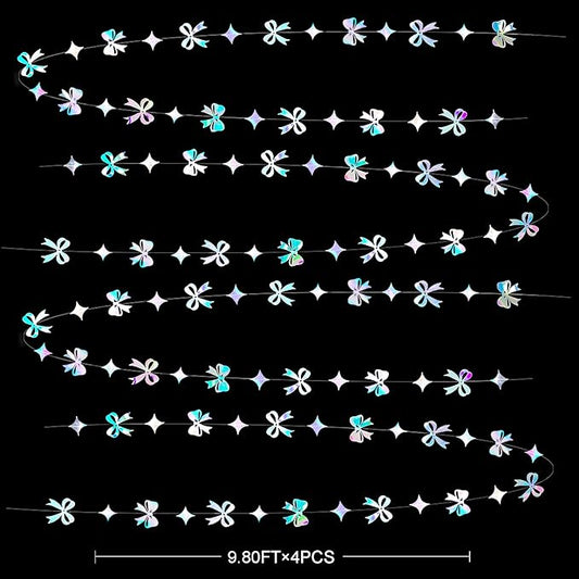 Iridescent Bow Decorations Holographic Paper Star Bow Hanging Garland Streamer Banner for Coquette Birthday Bachelorette Wedding Bridal Shower Engagement Anniversary Hen Party Decorations Supplies