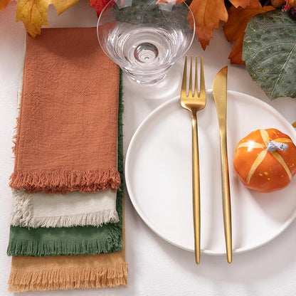 12 Pack Mixed Thanksgiving Color Cotton Linen Napkins With Fringe - Fall Cloth Set of 12 Boho Handmade Dinner Bulk for Wedding Fall Dining Table, 17 x 17