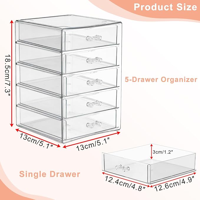 BTSKY Clear Acrylic Storage Organizer with Drawers, 5-Layer Desktop Organizer for Office Essentials, Multi-Purpose Stackable Container for Bathroom Vanity, Desk Makeup Jewelry Container Storage Box