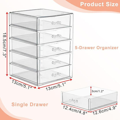 BTSKY Clear Acrylic Storage Organizer with Drawers, 5-Layer Desktop Organizer for Office Essentials, Multi-Purpose Stackable Container for Bathroom Vanity, Desk Makeup Jewelry Container Storage Box