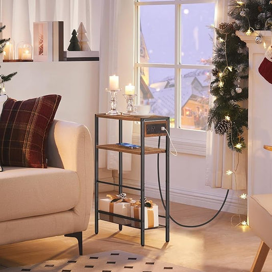 HOOBRO Small Narrow Side Table with Charging Station, Skinny End Table for Small Spaces, Slim Nightstand with USB Ports Outlet, Sofa Beside Table with Storage Shelf, Rustic Brown and Black BF102UBZ01