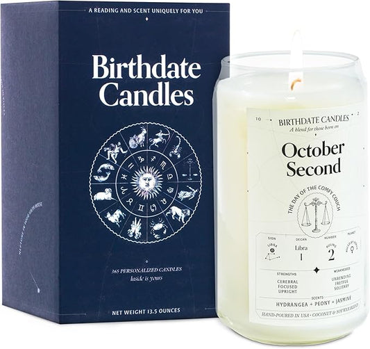 Birthdate Candles, October 2 - Libra Zodiac Scented Candles Birthday Gift - Hydrangea, Peony & Jasmine Scent - All-Natural Soy & Coconut Wax, 60-80 Hour Burn Time - Made in USA