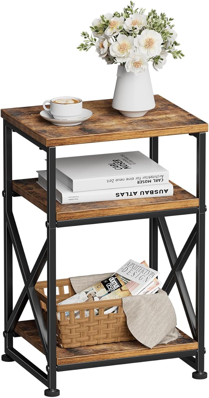Simple Trending Side Table, End Table Living Room, Bedside Table for Sofa Couch, Nightstand with 3 Tiers Open Shelves, Rustic Brown