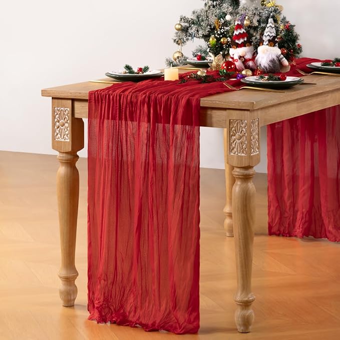 Red Cheesecloth Table Runner 4 Pack Christmas Table Runners Boho Gauze 120 Inches Red Cheese Cloth Table Decor for Xmas Holiday Season Parties Weddings Bridal Baby Shower Candlelight Dinner
