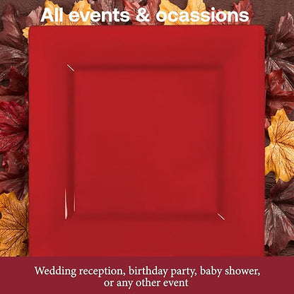 Smarty Had A Party 120 Red Square Plates for Salad 6.5" – Heavy-Duty Disposable Tableware for Weddings – Red Plastic Dessert Plates 120 Guests, High-End, Versatile Look