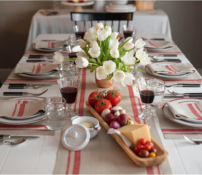 Solino Home Linen Table Runner 48 Inches - 100% Pure Linen Red and Natural French Stripe Table Runner 14 x 48 Inch Ideal for Dresser and Coffee Tables - Fall, Winter, Christmas, New Year