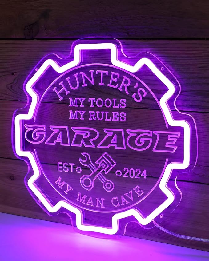 Custom Garage Neon sign for Wall Decor with Timing Remote, Personalized Gear Garage LED Neon Light for Man Cave, Home Bar, Workshop, Son Dad Birthday Gift PURPLE