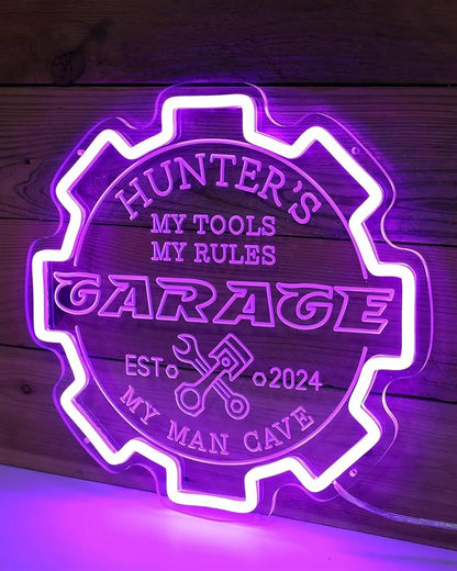 Custom Garage Neon sign for Wall Decor with Timing Remote, Personalized Gear Garage LED Neon Light for Man Cave, Home Bar, Workshop, Son Dad Birthday Gift PURPLE