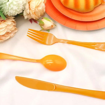 150 Pcs Orange Plastic Silverware, Orange Plastic Cutlery Disposable Includes 50 Forks, 50 Spoons, 50 Knives for Birthday, Fall Party,Halloween, Thanksgiving