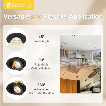 4 Inch 12 Pack Black Gimbal LED Recessed Lighting,2700K 3000K 3500K 4000K 5000K 5Color Selectable, 12W 1100LM CRI90+, 360°&90°Adjustable Eyeball Directional Wafer, ETL&FCC