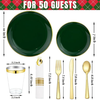 KIRE 350PCS Green Plates Disposable - Heavy Duty Christmas Plates - 50Guest Include Green Plastic Dinnerware - Pro Rolled Napkins with Gold Silverware and Cups for Christmas&Party