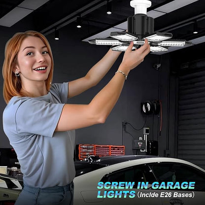 Led Garage Lights 6-Pack 200W Super Bright Ceiling Led Shop Lights, E26/E27 Base, 6500K, 22000LM Deformable Garage Light Ideal for Basement, Attic and Workshop
