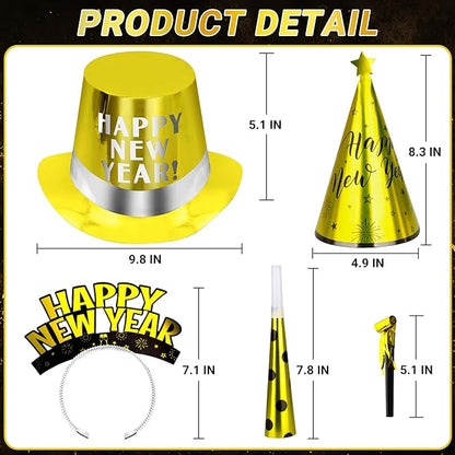 100PCS New Years Party Supplies, New Years Eve Headband 50 Guests, New Year Party Supplies, Cardboard Cone Hat Eve Hats and Tiaras Party Horns Fringed NYE Gold Black Silver