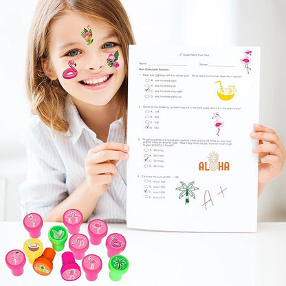 36PCS Pink Bird Party Favors - 24PCS Pre-Cut Temporary Tattoos & 12PCS Stamps - Ideal Hawaiian Summer Tropical Luau Themed Birthday Card Decorations Supplies Goodie Bag Kids Gifts Classroom Rewards