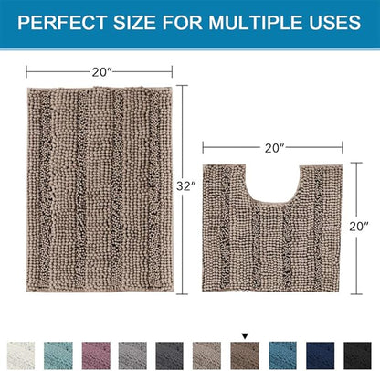 H.VERSAILTEX Bathroom Rugs Bath Rug Set 2 Piece Bathroom Contour Rug Toilet Mat Sets Non Slip Contour Bath Rug Ultra Thick Water Absorbent Striped Bath Mats(20" x 32" Plus 20" x 20" U, Taupe Brown)