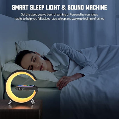 Smart LED Table Lamp, 4-in-1 Wireless Charger, Night Light, Alarm Clock, and Bluetooth Speaker with App Control for Bedroom, Office, and Home Decor (Black)