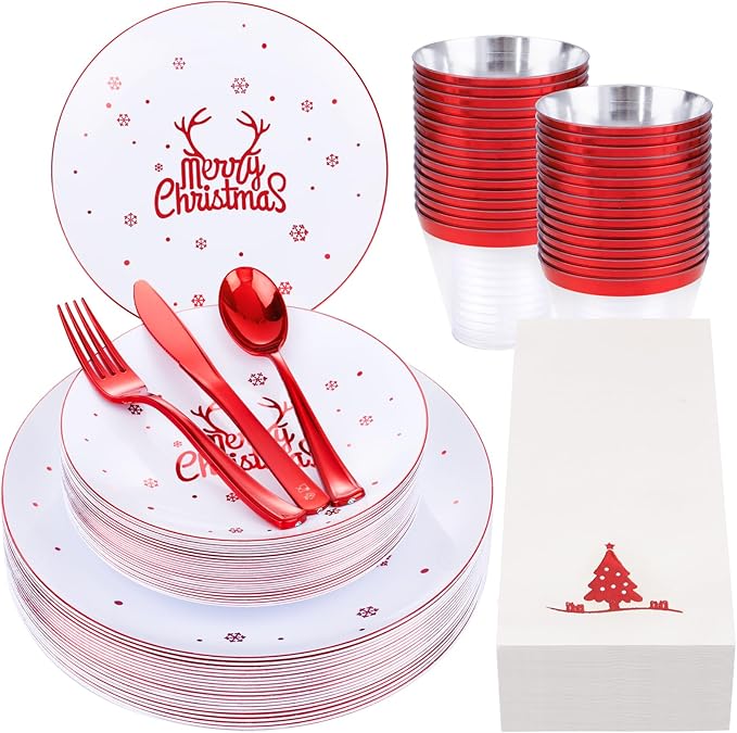 Nervure 175PCS Christmas Plastic Plates - White and Red Disposable Plates & Red Plastic Silverware include 50 Plates 25Knives 25Forks 25Spoons 25Napkins for Christmas Party