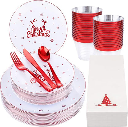 Nervure 175PCS Christmas Plastic Plates - White and Red Disposable Plates & Red Plastic Silverware include 50 Plates 25Knives 25Forks 25Spoons 25Napkins for Christmas Party