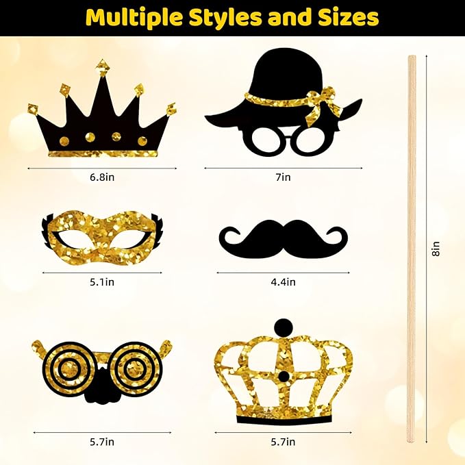 24PCS Gold and Black Photo Booth Props Set, Funny Photobooth Props Kit for Birthday Wedding Graduation New Year Party Celebration Decoration Supplies