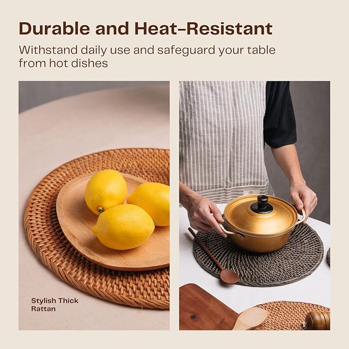 2-Pack Rattan Placemats - 13-inch Round Placemats (Honey Brown) - Woven Place Mats, Round Table Mats - Wicker Chargers for Dinner Plates, Plate Chargers Boho - Rattan Decor, Kitchen Table Decor