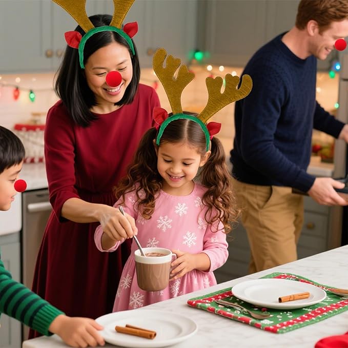 YUMUWBL 12 PCS Christmas Reindeer Antlers Headbands with 12 PCS Red Noses, Xmas Headbands Bulk Deer Headband with Ears, Xmas Antlers Hair Hoops for Christmas Party Holiday Decorations