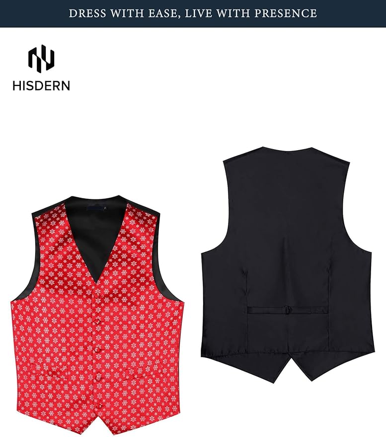 HISDERN Men's Suit Vest Christmas Holiday Season Party Jacquard Waistcoats Necktie Pocket Square Vest Suit Set