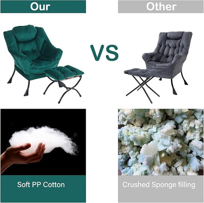 LITA Lazy Chair with Ottoman, Modern Accent Leisure Upholstered Sofa Chair, Contemporary Lounge Reading Chairs with Armrests and a Side Pocket for Living Room, Bedroom & Small Space, Dark Green