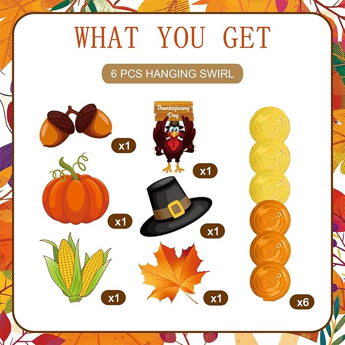 Fall Thanksgiving Hanging Swirls Decoration Autumn Harvest Hanging Foil Swirls Ceiling Decor for Thanksgiving Party Supplies Pumpkin Maple Leaf Turkey Ceiling Hanging 6Pcs